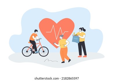 Daily activity for heart health of people. Man on bike, old and young women near red heart flat vector illustration. Diet, sport, healthy life concept for banner, website design or landing web page