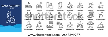 Daily Activity icon collection set. Containing design Sleep, Wake up, Toothbrush, Showering, Breakfast