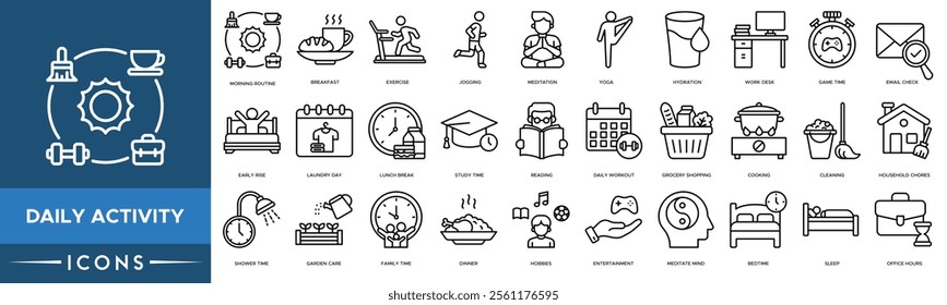 Daily Activity icon. Morning Routine, Breakfast, Exercise, Jogging and Meditation