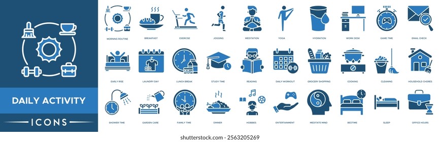 Daily Activity icon. Morning Routine, Breakfast, Exercise, Jogging and Meditation
