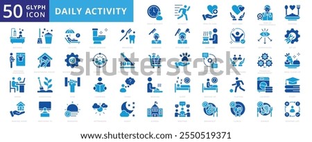 Daily activity icon set with care, health, study, night, bathing, cooking, self, school, shopping, gym, work, meeting, breakfast, sleep, cleaning, community, pets, learning, laundry, and gardening