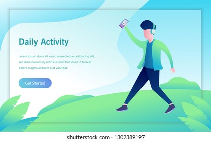 daily activity a man dancing and listening a music. smartphone audio player application landing page vector design illustration