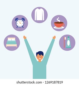 daily activity man hands up coffee clock bed