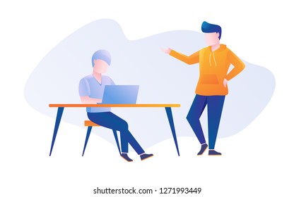 daily activity a man working with laptop and his teammate discuss with him an idea vector design illustration