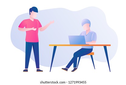 daily activity a man working with laptop and his teammate discuss with him an idea vector design illustration