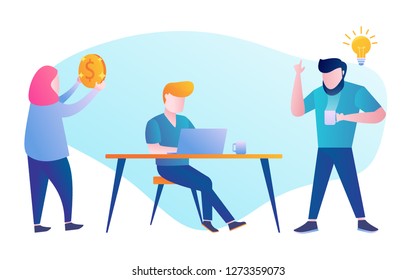 daily activity a man working with laptop and his teammate discuss with him an idea how to make better income vector design illustration