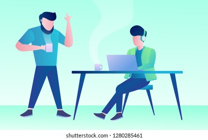 daily activity a man working with laptop and his teammate discuss with him an idea vector design illustration