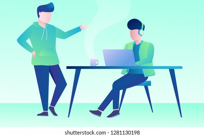 daily activity a man working with laptop and his teammate discuss with him an idea vector design illustration