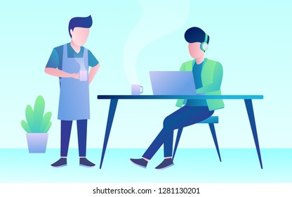 daily activity a man working with laptop and his teammate discuss with him an idea vector design illustration