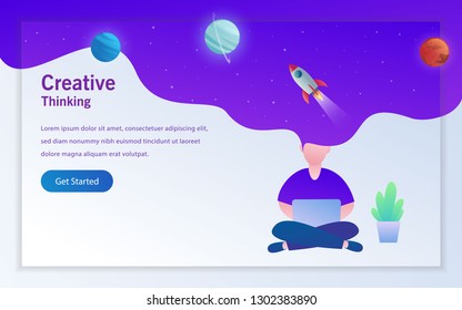 daily activity a man working with laptop with creative idea landing page vector design illustration