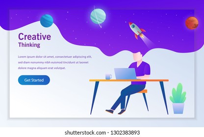 daily activity a man working with laptop with creative idea landing page vector design illustration