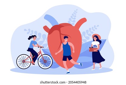 Daily activity of tiny people near big heart. Persons cycling, running, eating farm food flat vector illustration. Lifestyle for heart health concept for banner, website design or landing web page