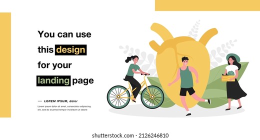 Daily activity of tiny people near big heart. Persons cycling, running, eating farm food flat vector illustration. Lifestyle for heart health concept for banner, website design or landing web page