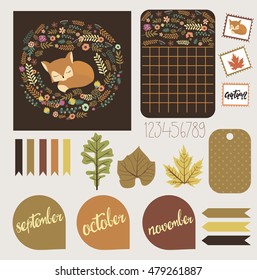 Daily Autumn planner template. Stickers set with funny illustrations