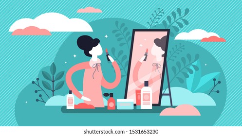 Daily beauty life vector illustration. Flat tiny woman makeup person concept. Skin care, cosmetology and hair treatment as everyday female bathroom facial routine. Fashion industry for attractive lady