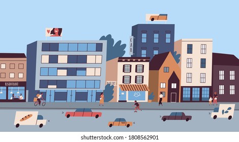 Daily big city life with buildings, citizens, traffic cars vector flat illustration. Architecture or cityscape of megapolis street. Panorama of bustle modern town. Lifestyle of people in downtown. 