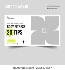 Daily body fitness and gym video thumbnail banner template design, fully editable vector eps 10 file format