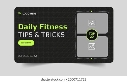 Daily body fitness tips and tricks video thumbnail banner design, body fitness tips and techniques video cover banner design, editable vector eps 10 file format