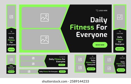 Daily body fitness web set banner design for social media post, workout plan web bundle banner design, fully customizable vector eps 10 file format