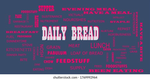 Daily bread text presented in white color with multiple related words on dark background vector abstract background.