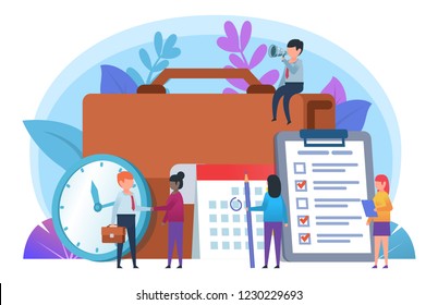 Daily business tasks, work planning. Small people stand near big suitcase, calendar, watch, document. Poster for presentation, web page, banner, social media. Flat design vector illustration