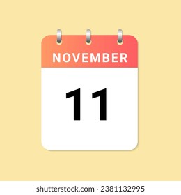 Daily calendar 11th of November month on white paper note. vector