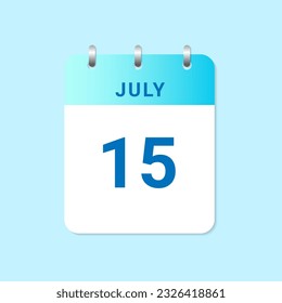 Daily calendar 15th of July month on white paper note. vector