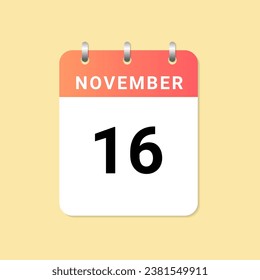 Daily calendar 16th of November month on white paper note. vector