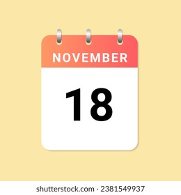 Daily calendar 18th of November month on white paper note. vector