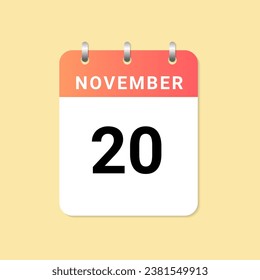 Daily calendar 20th of November month on white paper note. vector