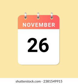 Daily calendar 26th of November month on white paper note. vector