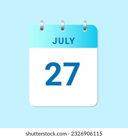 Daily calendar 27th of July month on white paper note. vector