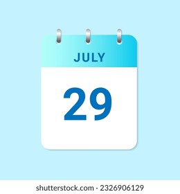 Daily calendar 29th of July month on white paper note. vector