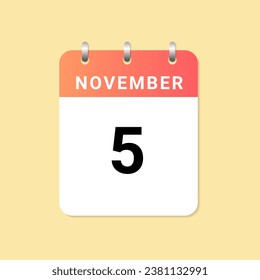 Daily calendar 5th of November month on white paper note. vector