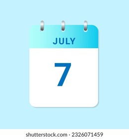 Daily calendar 7th of July month on white paper note. vector