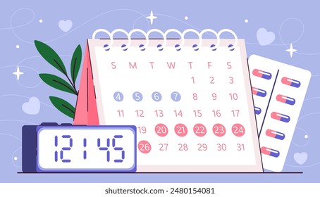 Daily calendar concept. Menstrual calendar with clocks. Female reproductive system. Fertility and gynecology. Ovulation and menstruation. Cartoon flat vector illustration isolated on blue background