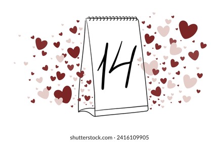 Daily calendar with date 14 February continuous line art drawing on white background. Holiday and weekend. Vector illustration