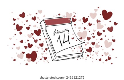 Daily calendar with date 14 February line art drawing and red hearts on white background. Holiday and weekend. Vector illustration