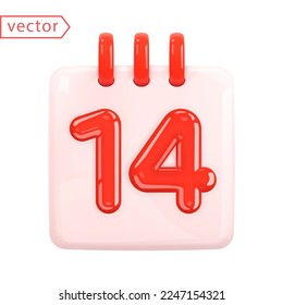 Daily calendar with date 14. Number in red on a pink sheet. Valentine's Day - February 14th. Holiday of all lovers. Realistic 3D cartoon style design. Calendar icon isolated on white. 3d vector