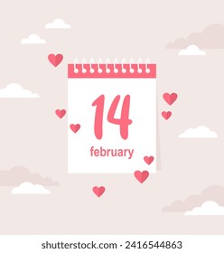 Daily calendar with date February 14 and flying hearts on beige cloud background. Valentine's day vector illustraton in flat style