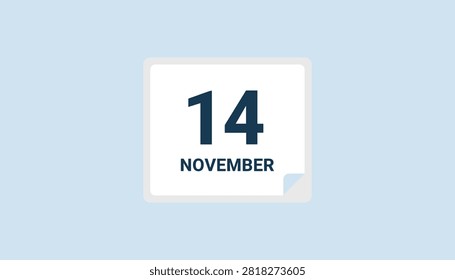 Daily calendar page sheet template showing the date fourteenth of November isolated on light blue background.