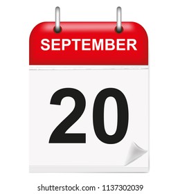 Daily calendar of single-leaf rings, red spine, 3d,september,20,20th,twentieth.Vector illustration
