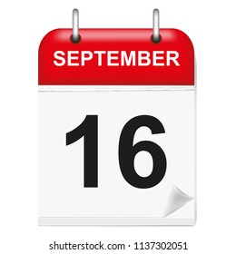Daily calendar of single-leaf rings, red spine, 3d,september,16,16th,sixteenth.Vector illustration
