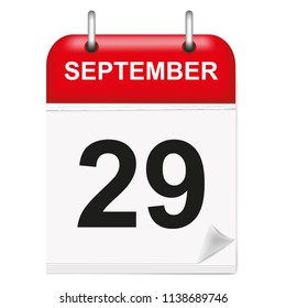 Daily calendar of single-leaf rings, red spine, 3d,september,29,29th,twenty-ninth.Vector illustration