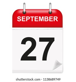 Daily calendar of single-leaf rings, red spine, 3d,september,27,27th,twenty-seventh.Vector illustration