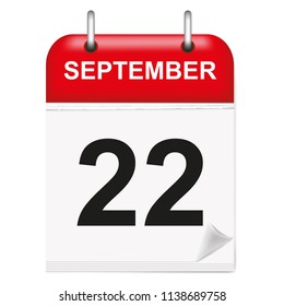 Daily calendar of single-leaf rings, red spine, 3d,september,22,22th,twenty-second.Vector illustration