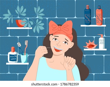 Daily care of dental health. Young woman with braces is flossing her teeth with dental floss in the bathroom. Morning and evening routines. Beautiful smile. Stock vector flat hand drawn illustration.