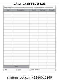 Daily cash flow log book manuscript size: 8.5 x 11 inches