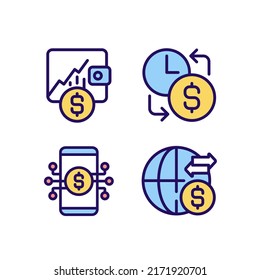 Daily cash flow pixel perfect RGB color icons set. Hourly earnings. Stock trading. International money transfer. Isolated vector illustrations. Simple filled line drawings collection. Editable stroke