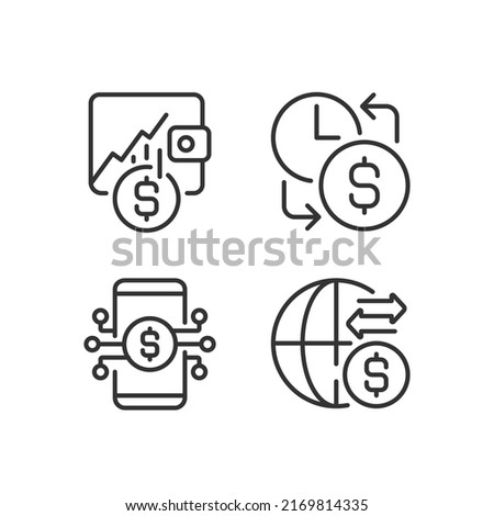 Daily cash flow pixel perfect linear icons set. Hourly earnings. Stock trading. International money transfer. Customizable thin line symbols. Isolated vector outline illustrations. Editable stroke